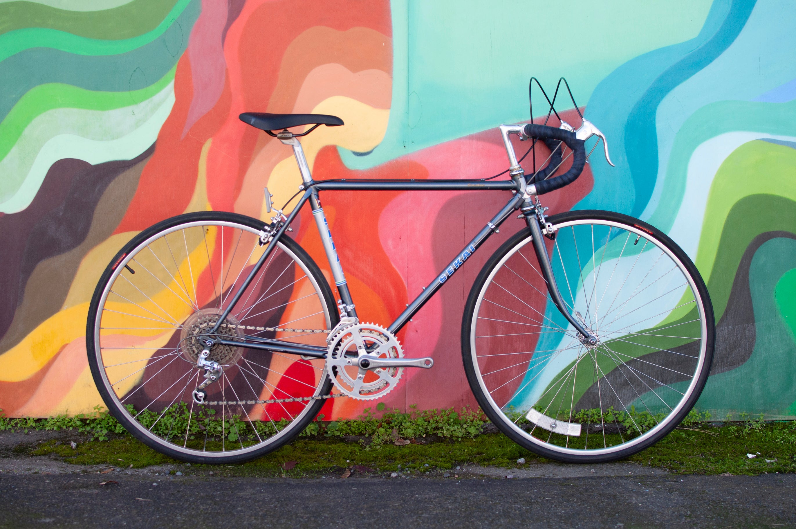 1980s Sekai Grandtour lugged steel road bike, Blue/Silver, 49cm